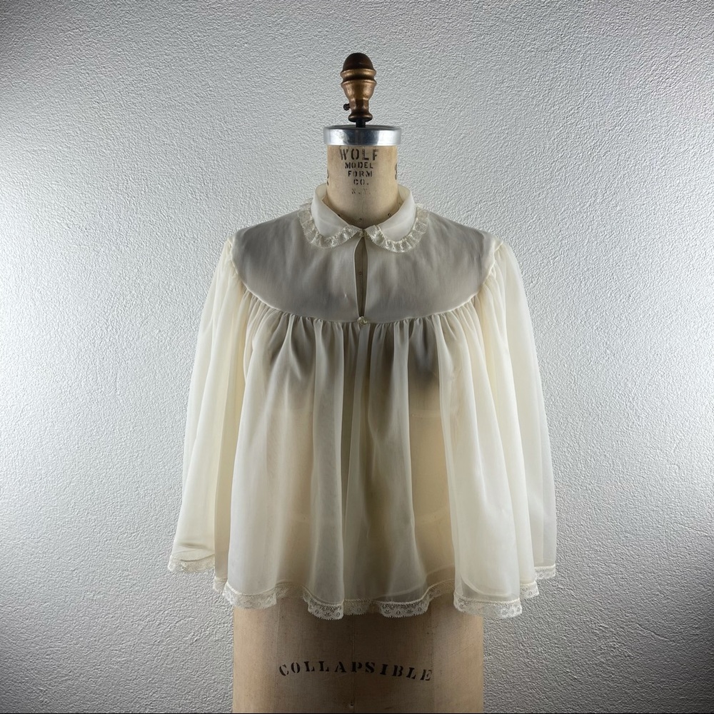 Vintage l 50s M Sheer Double Layer Nylon Peter Pan Collar Lace Pinup Bed Jacket